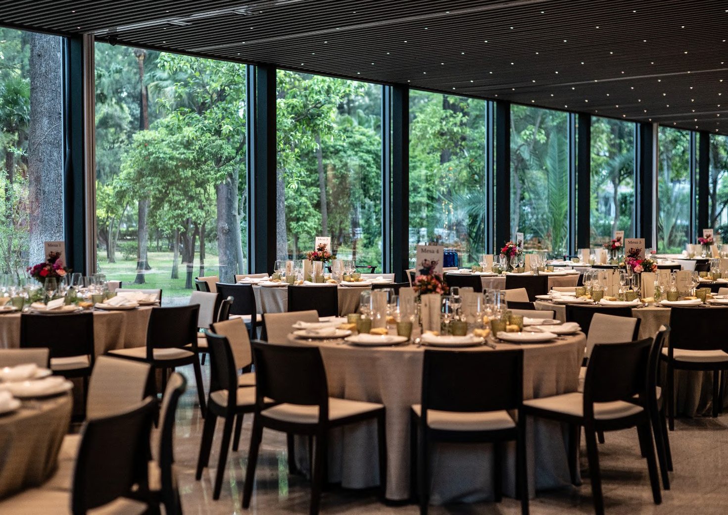 Salón acristalado con mesas redondas y árboles al otro lado del cristal