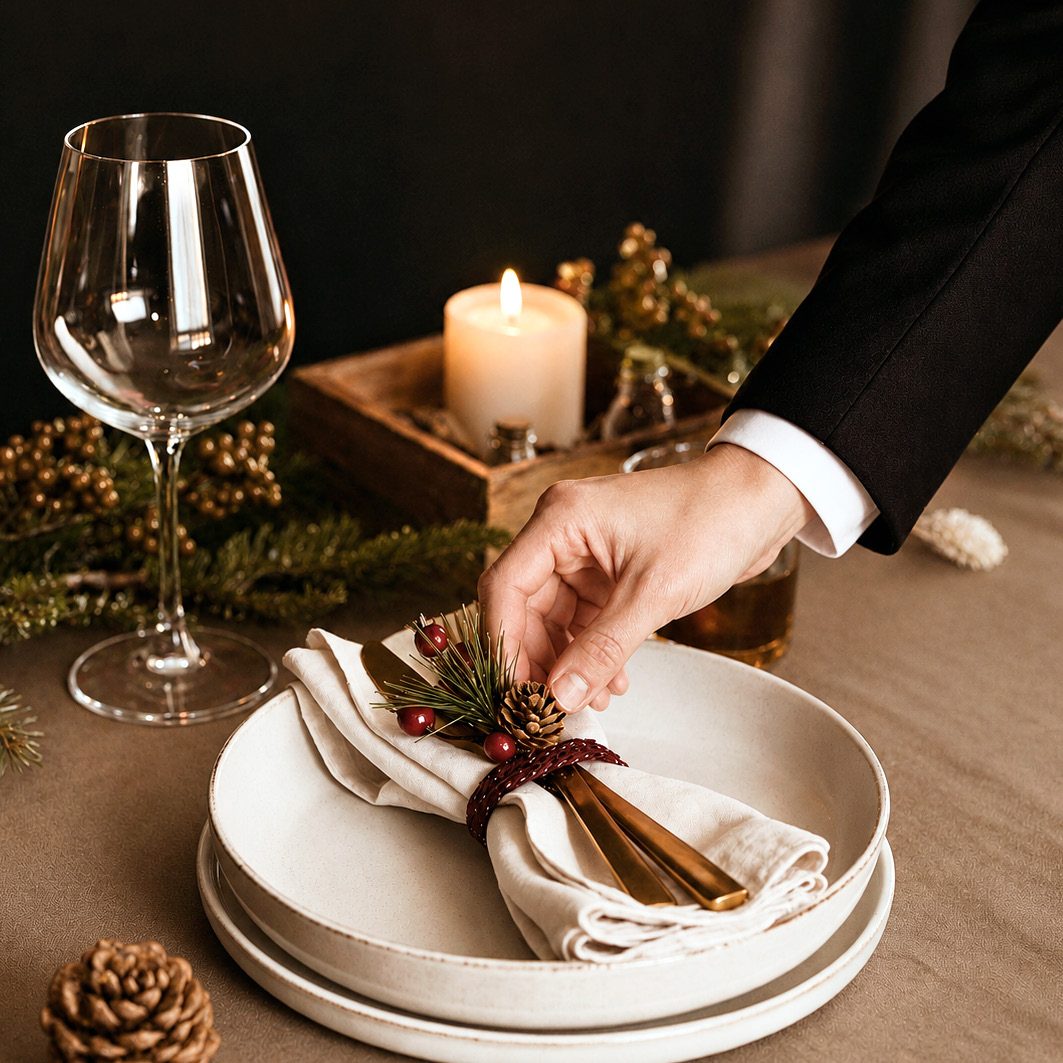 Mesa de Navidad con servilleta decorada con piña y acebo