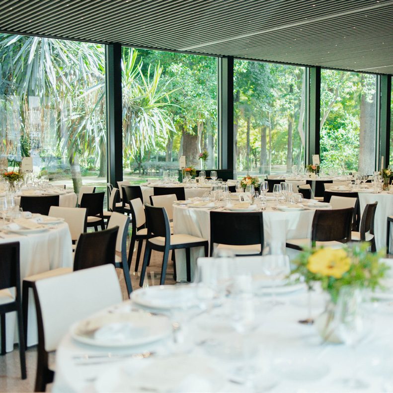 Salón con mantelería blanca frente a los árboles