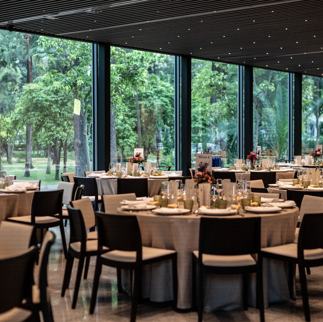 Salón acristalado con mesas redondas y vistas al parque